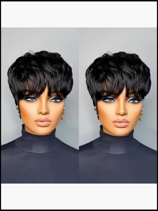 Short Pixie Wig Human Hair Glueless Full Machine Made Wear and Go with Bangs main image 4